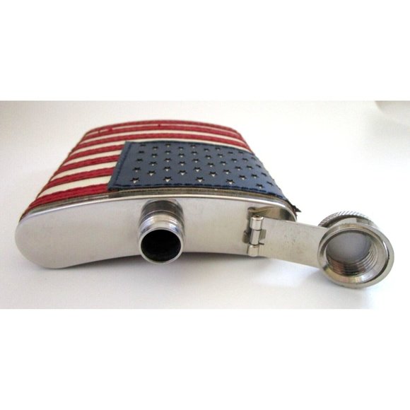 AMERICAN FLAG FLASK USA 6oz Patriotic Stainless Steel Screw Top Stitched Leather - Picture 11 of 14